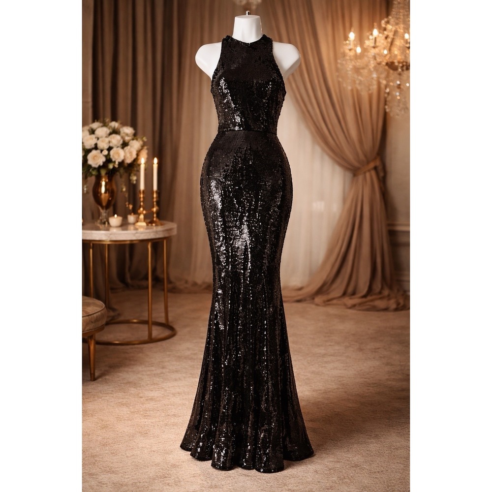 Maniju NWT Black Sequin Mermaid Gown Halter Neck Maxi Dress Small Formal Evening